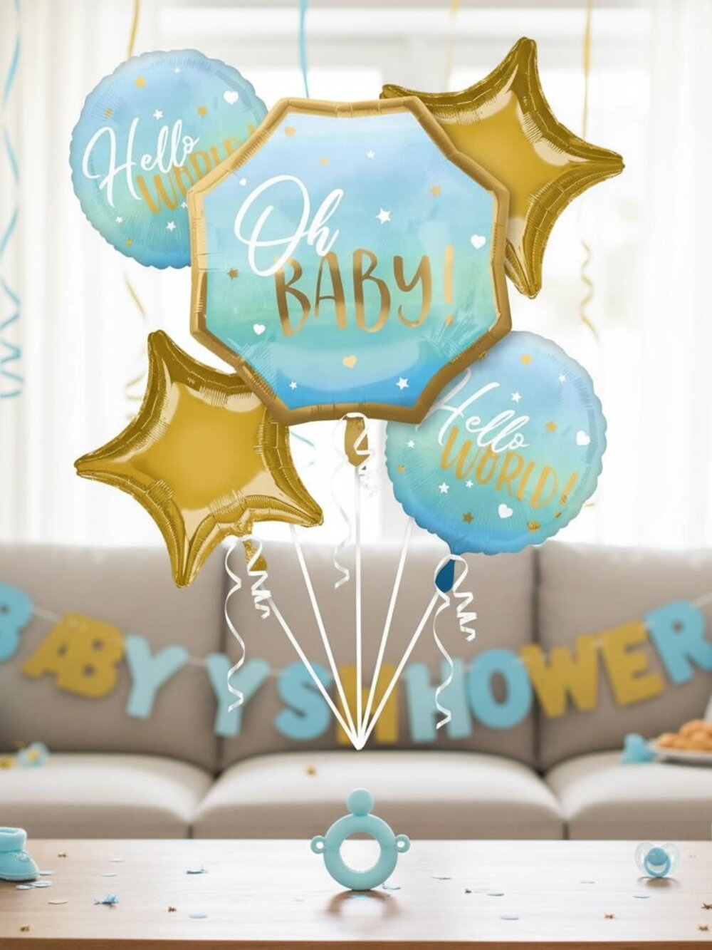 Oh Baby Shower Balloons Blue Gold Boy Party Supplies Foil Bouquet Set 5pc